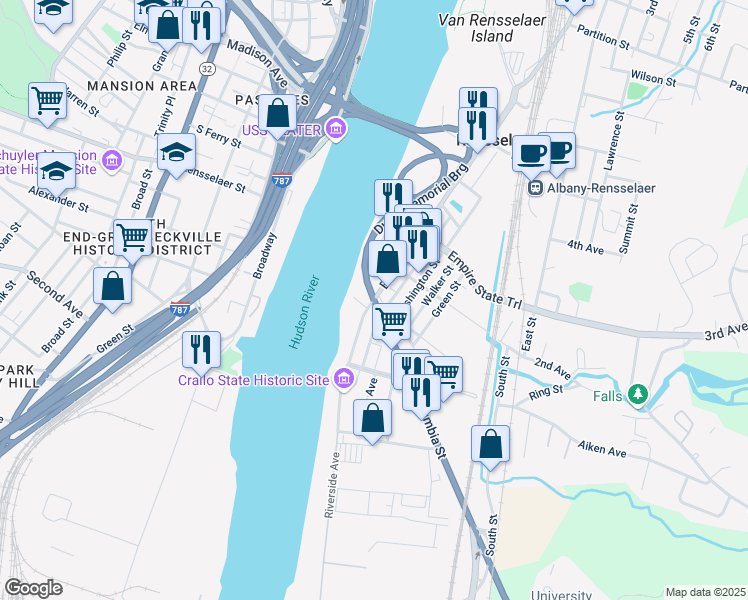 map of restaurants, bars, coffee shops, grocery stores, and more near 98 Broadway in Rensselaer