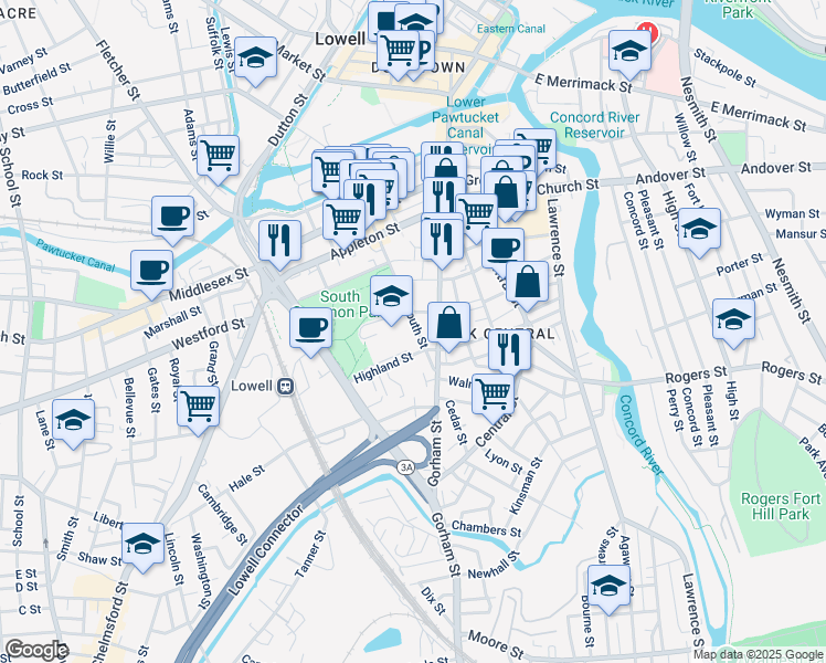 map of restaurants, bars, coffee shops, grocery stores, and more near 171R South Street in Lowell