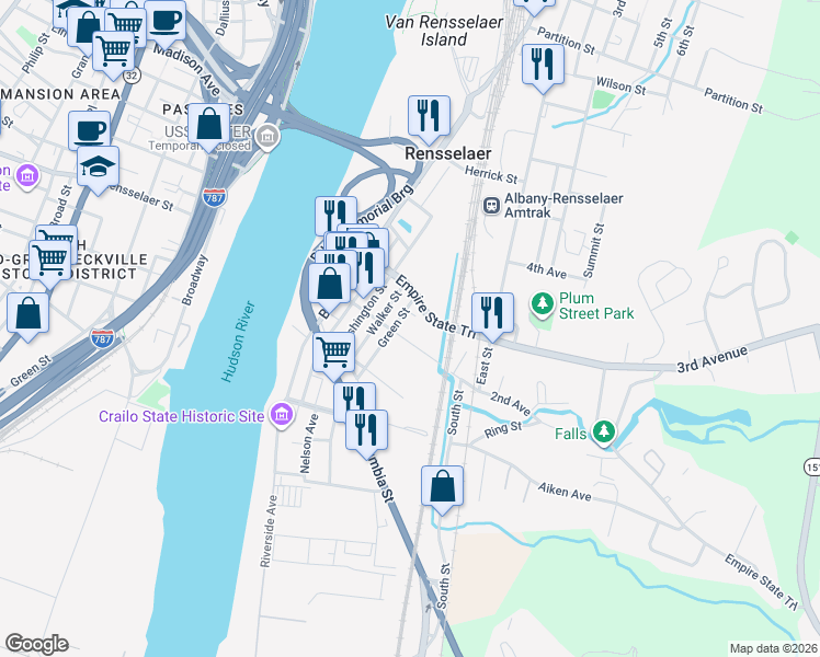 map of restaurants, bars, coffee shops, grocery stores, and more near 43 2nd Avenue in Rensselaer