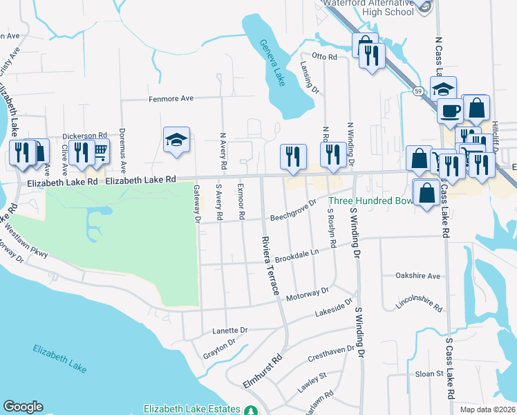 map of restaurants, bars, coffee shops, grocery stores, and more near 82 Riviera Terrace in Waterford Township