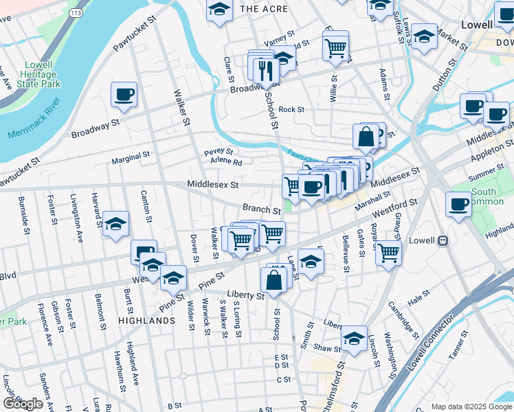 map of restaurants, bars, coffee shops, grocery stores, and more near 151 Branch Street in Lowell