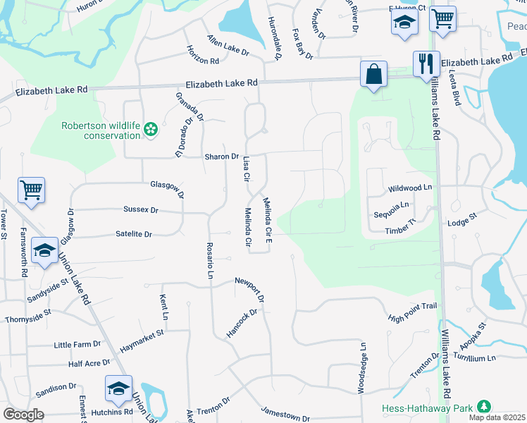 map of restaurants, bars, coffee shops, grocery stores, and more near 344 Melinda Circle East in White Lake charter Township