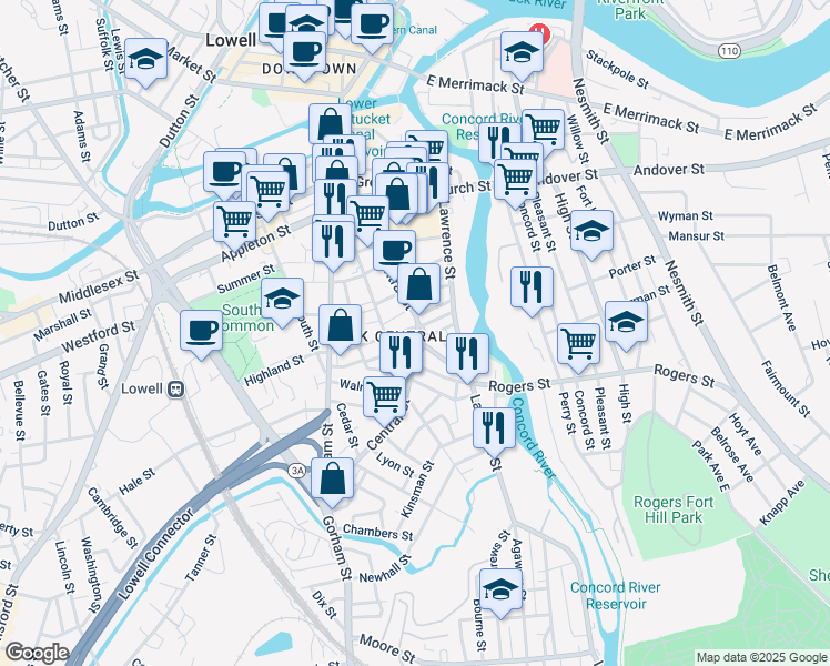 map of restaurants, bars, coffee shops, grocery stores, and more near 627 Central Street in Lowell