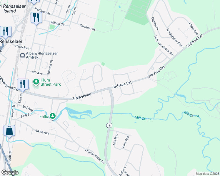 map of restaurants, bars, coffee shops, grocery stores, and more near 268 3rd Avenue Extension in Rensselaer