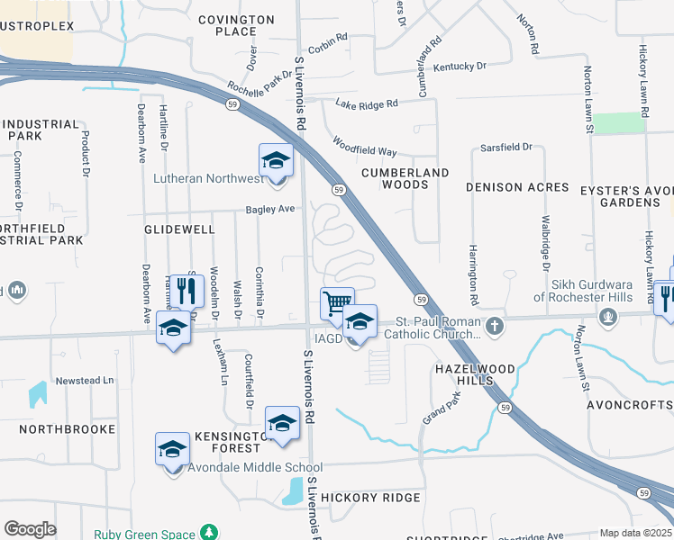 map of restaurants, bars, coffee shops, grocery stores, and more near 2810 Lower Ridge Drive in Rochester Hills