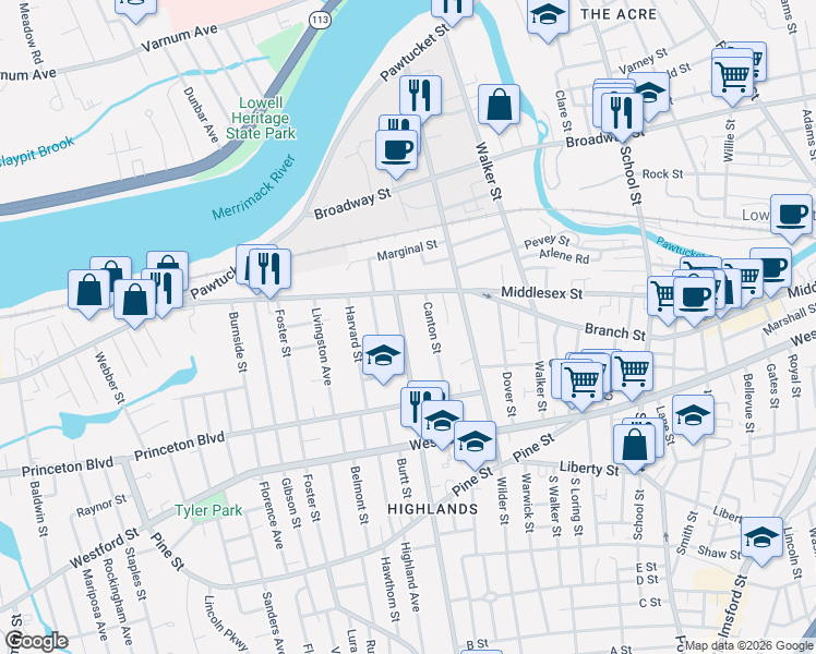 map of restaurants, bars, coffee shops, grocery stores, and more near 35 South Canton Street in Lowell