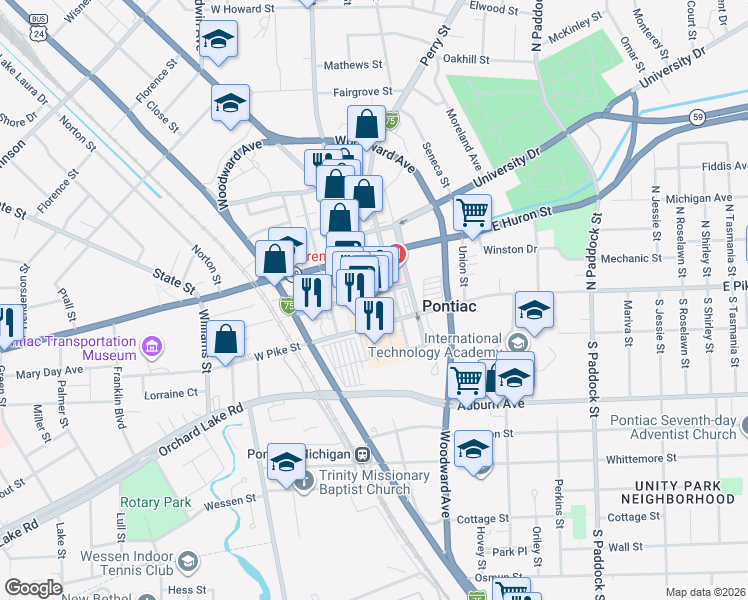 map of restaurants, bars, coffee shops, grocery stores, and more near 28 North Saginaw Street in Pontiac