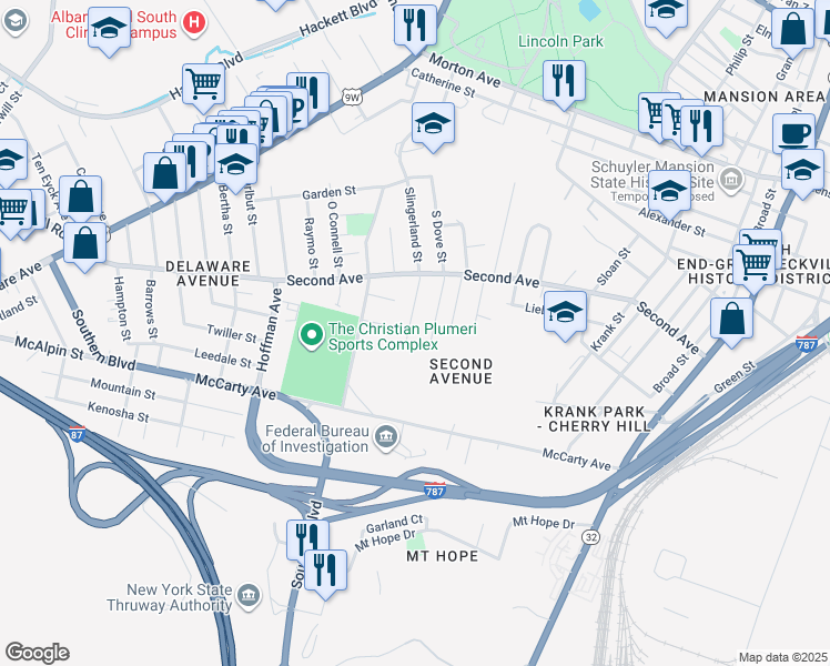 map of restaurants, bars, coffee shops, grocery stores, and more near 30 Bogart Terrace in Albany
