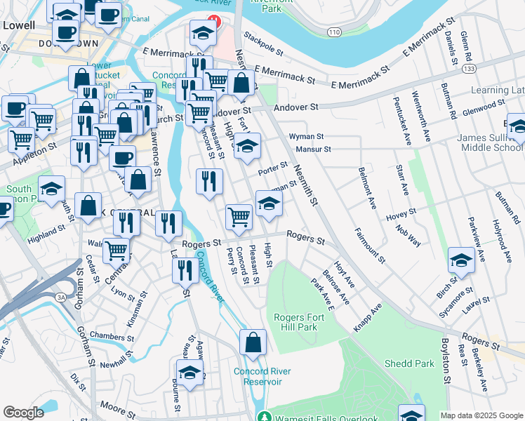 map of restaurants, bars, coffee shops, grocery stores, and more near 434 High Street in Lowell