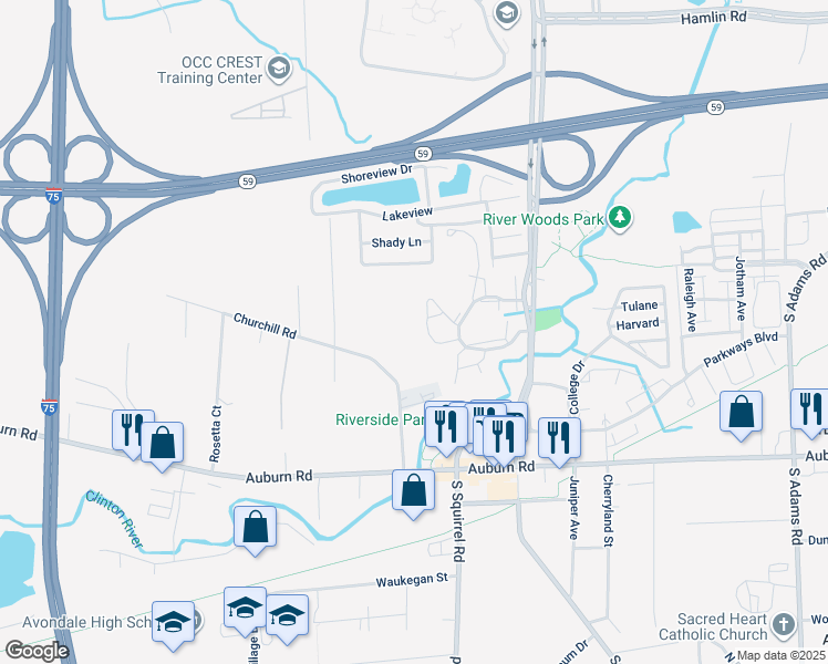 map of restaurants, bars, coffee shops, grocery stores, and more near 201 North Squirrel Road in Auburn Hills
