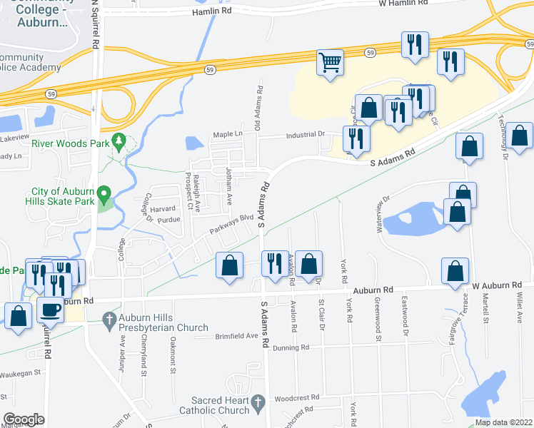 map of restaurants, bars, coffee shops, grocery stores, and more near 2727 South Adams Road in Rochester Hills