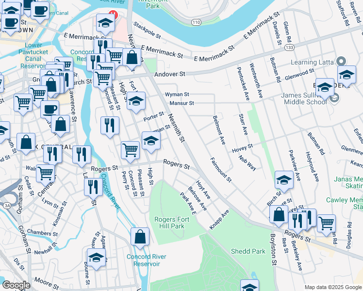 map of restaurants, bars, coffee shops, grocery stores, and more near 263 Nesmith Street in Lowell