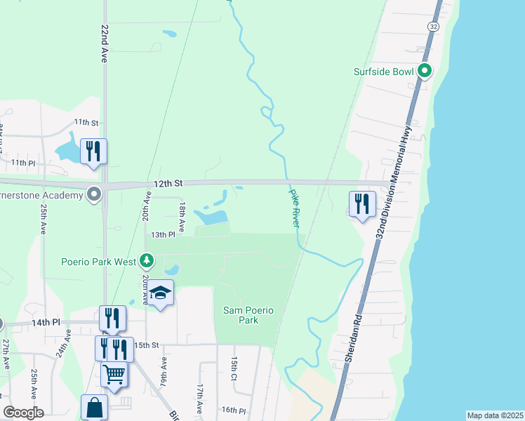 map of restaurants, bars, coffee shops, grocery stores, and more near 1507 12th Street in Kenosha