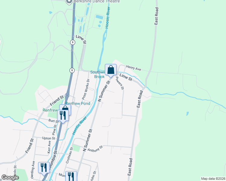 map of restaurants, bars, coffee shops, grocery stores, and more near 1-7 Frederick Ln in Adams