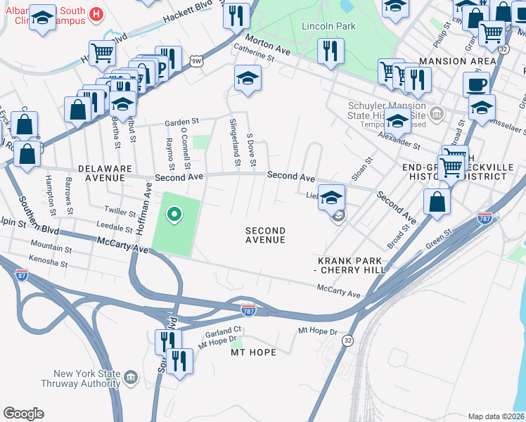 map of restaurants, bars, coffee shops, grocery stores, and more near 31 Bogart Terrace in Albany