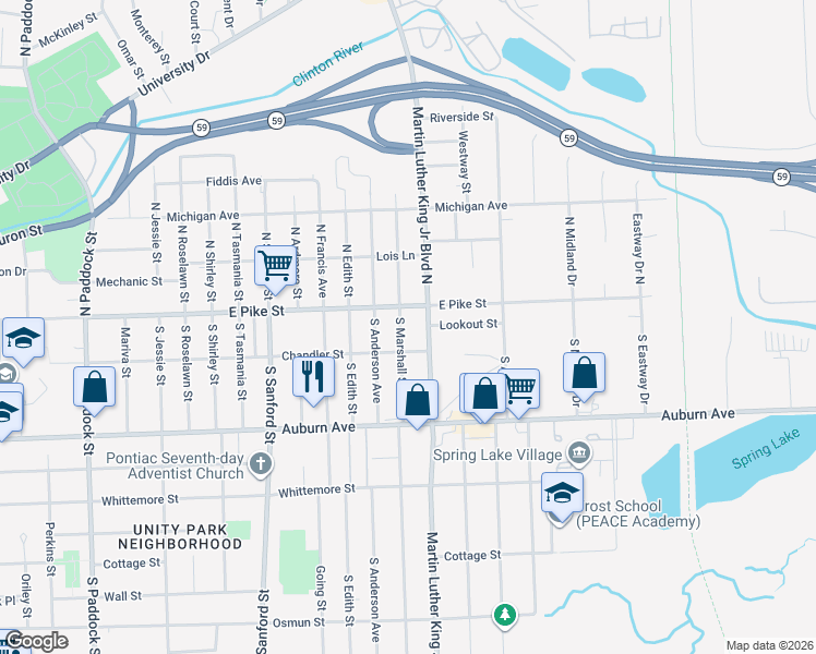 map of restaurants, bars, coffee shops, grocery stores, and more near 19 South Marshall Street in Pontiac