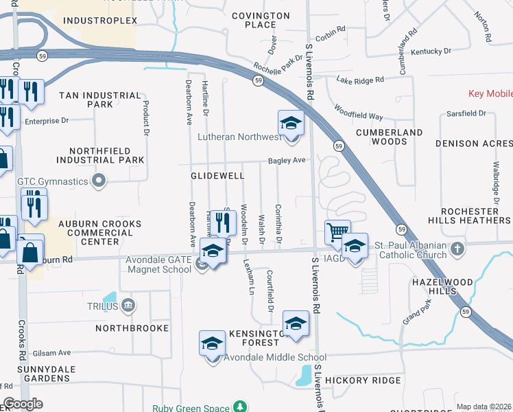 map of restaurants, bars, coffee shops, grocery stores, and more near 2892 Walsh Drive in Rochester Hills
