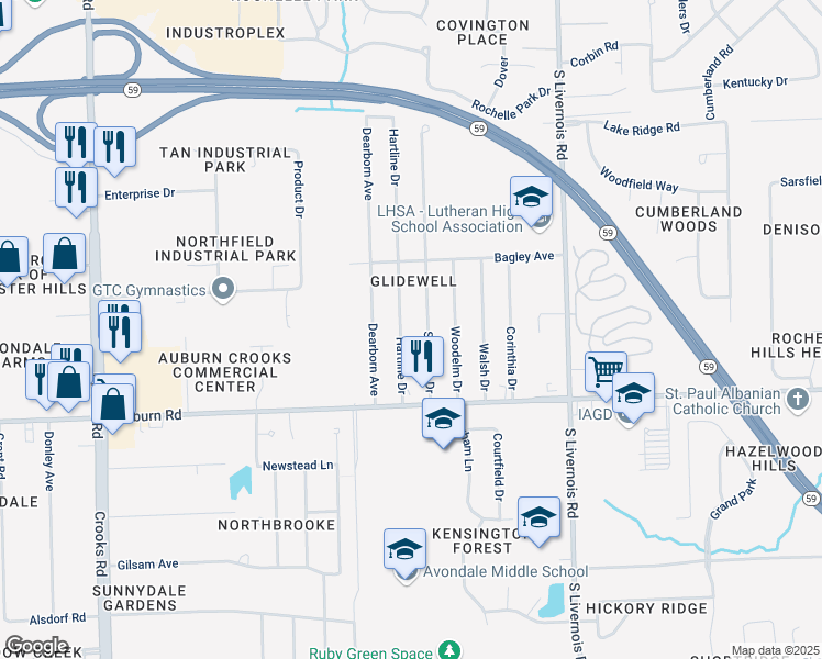 map of restaurants, bars, coffee shops, grocery stores, and more near 2901 Hartline Drive in Rochester Hills