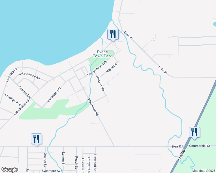 map of restaurants, bars, coffee shops, grocery stores, and more near 585 Seneca Rd in Angola