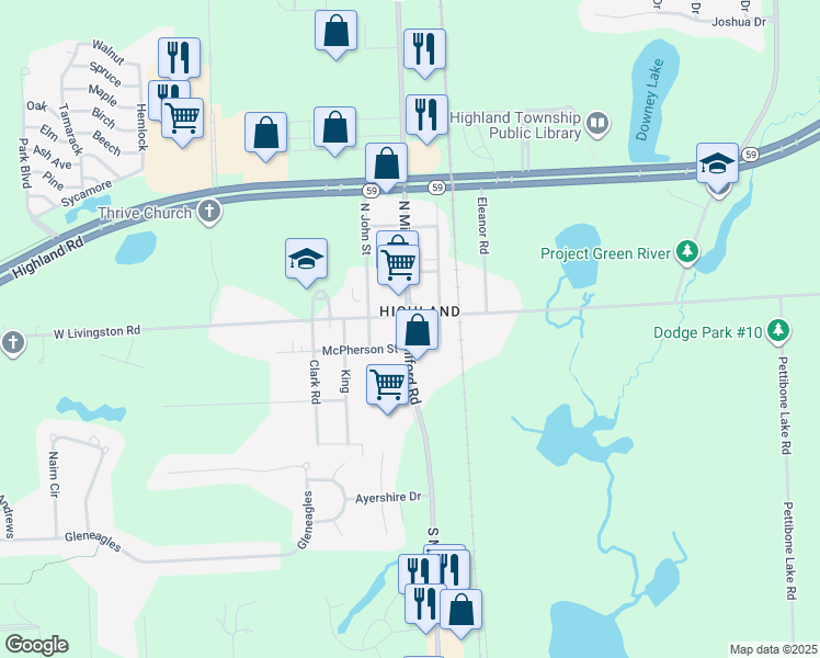 map of restaurants, bars, coffee shops, grocery stores, and more near in Highland Charter Township