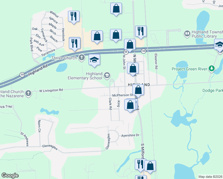 map of restaurants, bars, coffee shops, grocery stores, and more near 130 King in Highland Charter Township