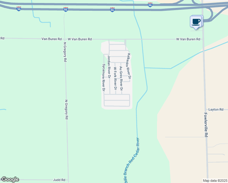 map of restaurants, bars, coffee shops, grocery stores, and more near 2747 West Fork River Drive in Fowlerville