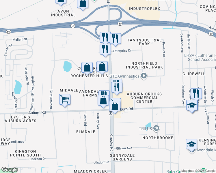 map of restaurants, bars, coffee shops, grocery stores, and more near 2860 Crooks Road in Rochester Hills