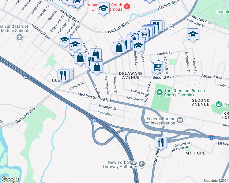 map of restaurants, bars, coffee shops, grocery stores, and more near 41 Barrows Street in Albany