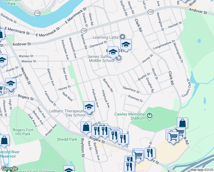 map of restaurants, bars, coffee shops, grocery stores, and more near 259 Butman Road in Lowell