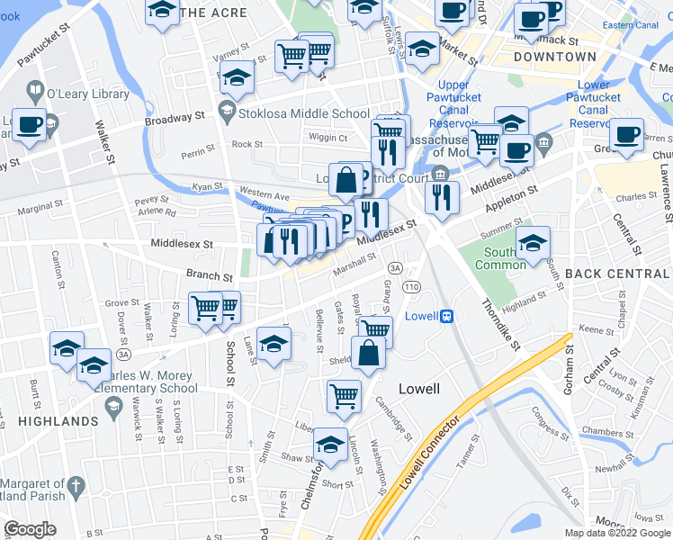 map of restaurants, bars, coffee shops, grocery stores, and more near 12 East Pine Street in Lowell