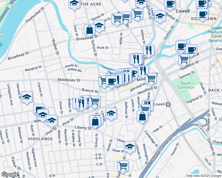 map of restaurants, bars, coffee shops, grocery stores, and more near 67 Branch Street in Lowell