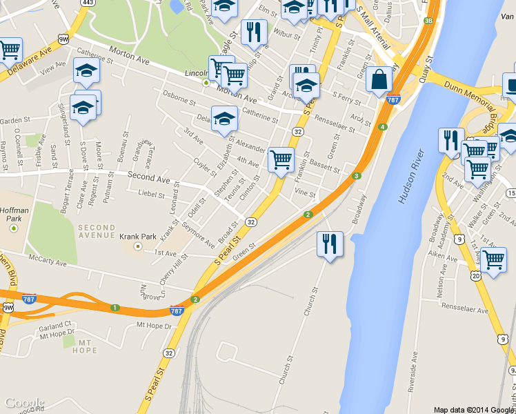 map of restaurants, bars, coffee shops, grocery stores, and more near 439.5 South Pearl Street in Albany