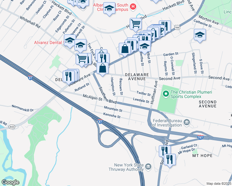 map of restaurants, bars, coffee shops, grocery stores, and more near 41 Barrows Street in Albany