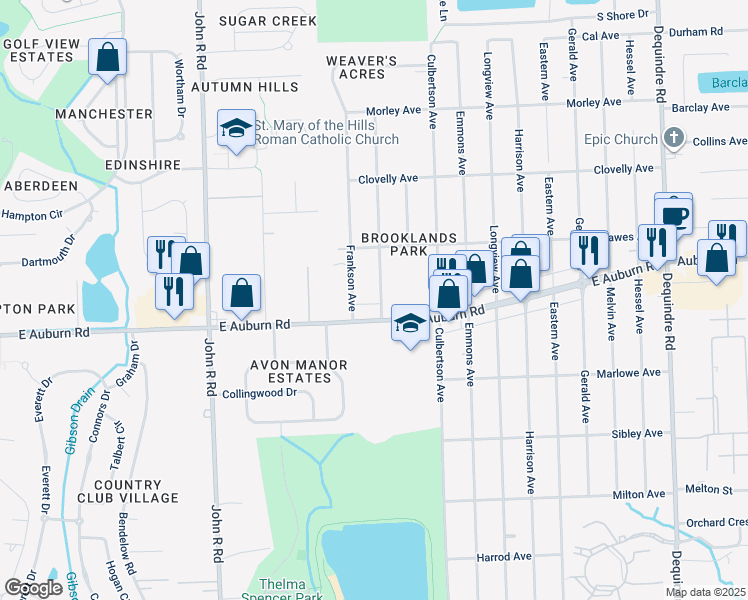 map of restaurants, bars, coffee shops, grocery stores, and more near 2940 Weaverton in Rochester Hills