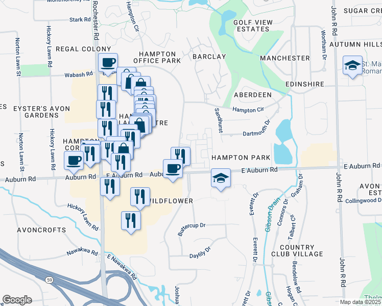 map of restaurants, bars, coffee shops, grocery stores, and more near 2658 Helmsdale Circle in Rochester Hills