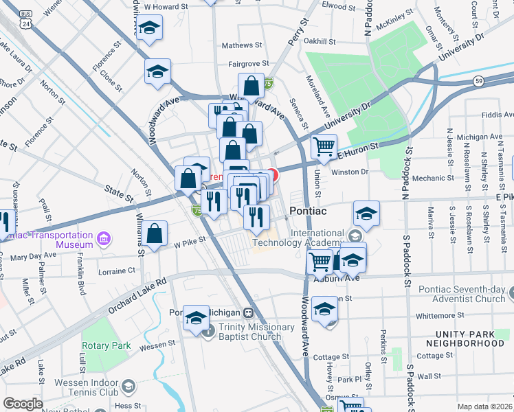 map of restaurants, bars, coffee shops, grocery stores, and more near 28 North Saginaw Street in Pontiac