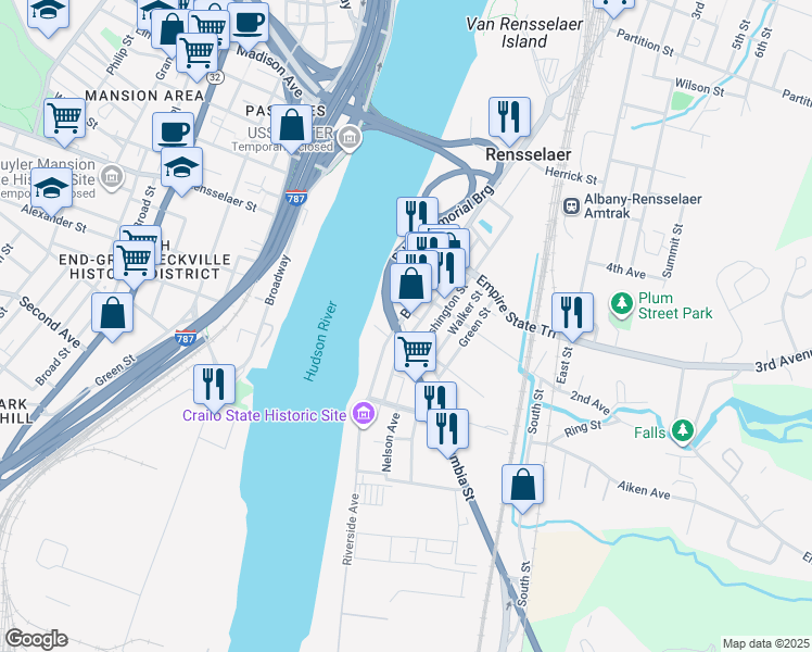 map of restaurants, bars, coffee shops, grocery stores, and more near 100 Broadway in Rensselaer