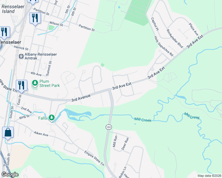 map of restaurants, bars, coffee shops, grocery stores, and more near 268 3rd Avenue Extension in Rensselaer