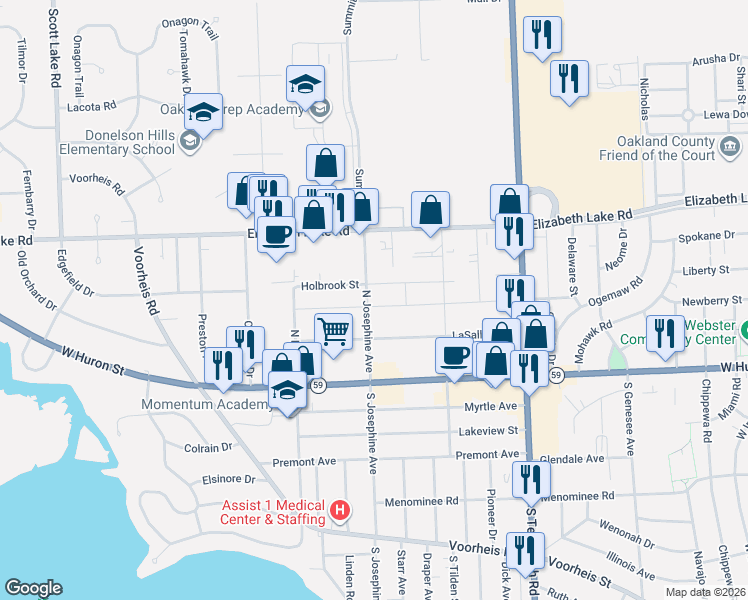 map of restaurants, bars, coffee shops, grocery stores, and more near 90 North Josephine Avenue in Waterford Township