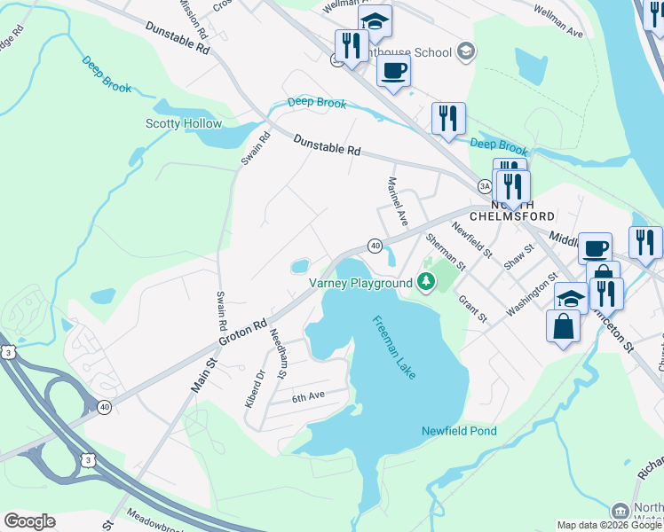 map of restaurants, bars, coffee shops, grocery stores, and more near 123 Groton Road in Chelmsford