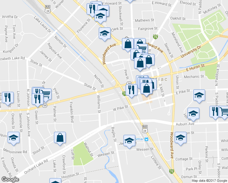map of restaurants, bars, coffee shops, grocery stores, and more near 121 West Huron Street in Pontiac