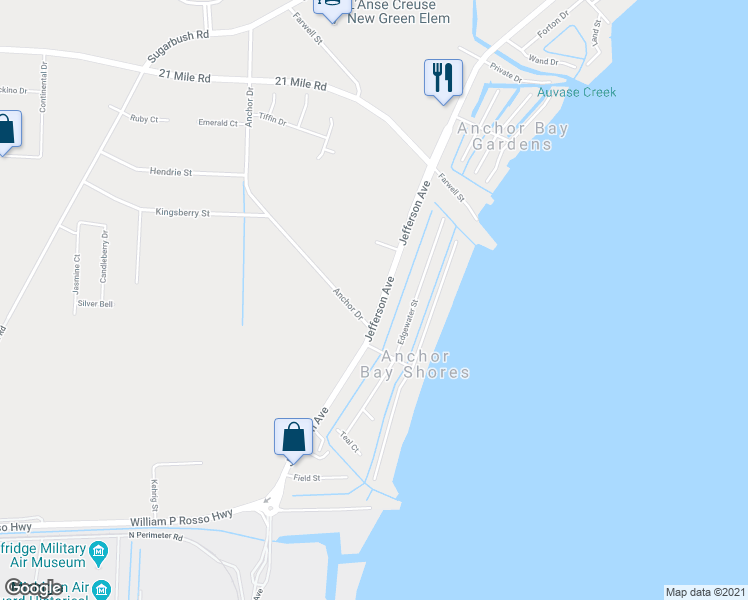 map of restaurants, bars, coffee shops, grocery stores, and more near 45975 Jefferson Avenue in New Baltimore