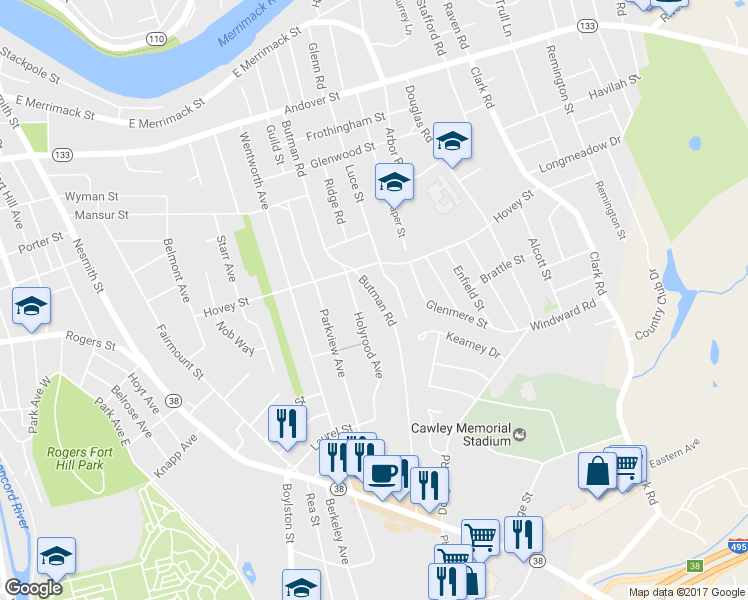 map of restaurants, bars, coffee shops, grocery stores, and more near 251 Butman Road in Lowell