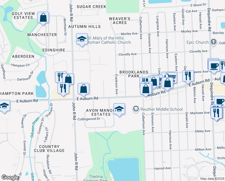map of restaurants, bars, coffee shops, grocery stores, and more near 2924 Frankson Avenue in Rochester Hills