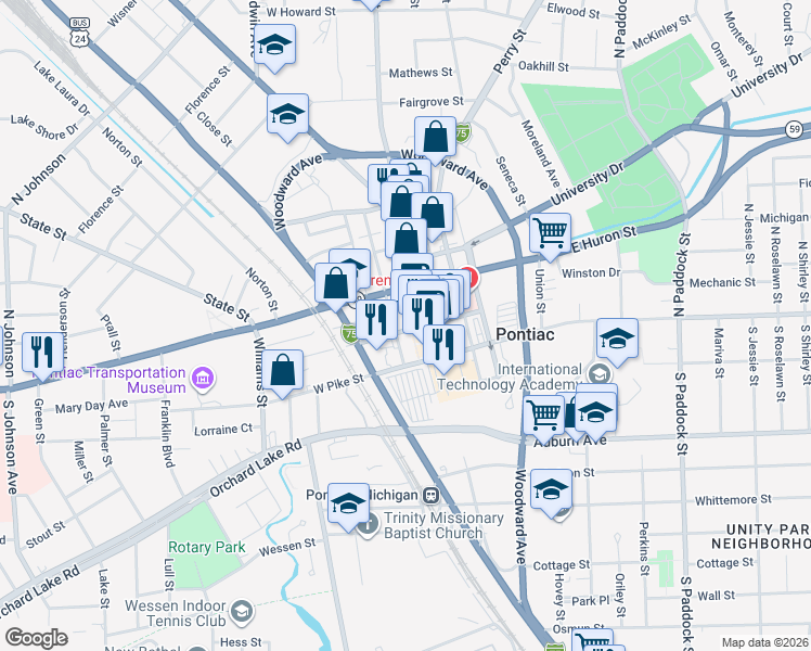 map of restaurants, bars, coffee shops, grocery stores, and more near 26 Wayne Street in Pontiac