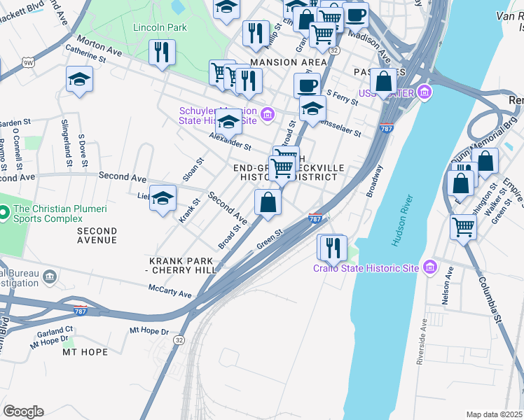 map of restaurants, bars, coffee shops, grocery stores, and more near 439 1/2 South Pearl Street in Albany