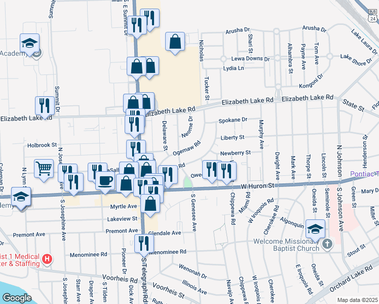 map of restaurants, bars, coffee shops, grocery stores, and more near 138 Ogemaw Road in Pontiac