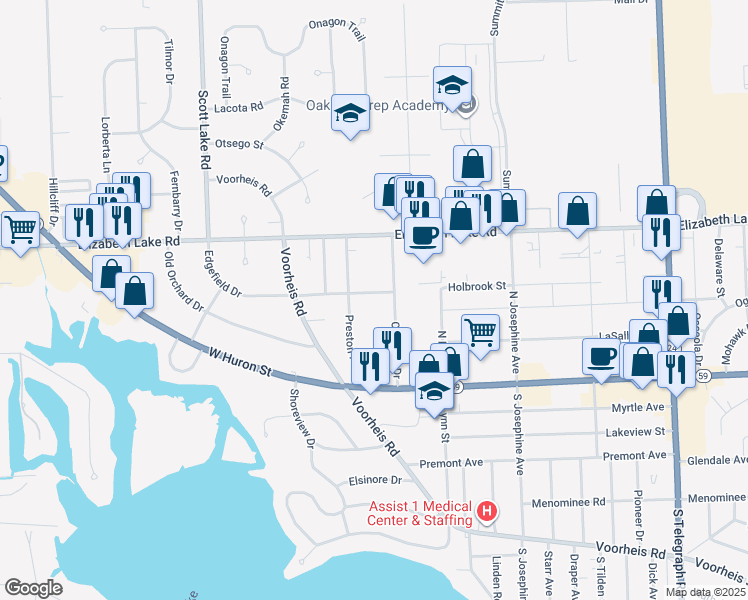 map of restaurants, bars, coffee shops, grocery stores, and more near 2725 Edgefield Drive in Waterford charter Township