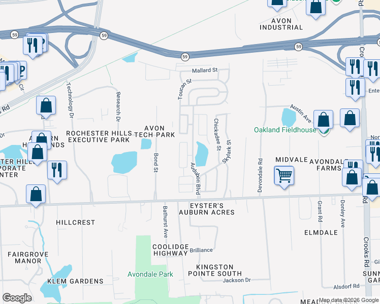 map of restaurants, bars, coffee shops, grocery stores, and more near 2 Bobolink Street in Rochester Hills