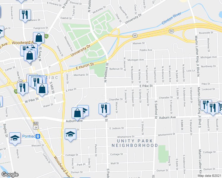 map of restaurants, bars, coffee shops, grocery stores, and more near 276 East Pike Street in Pontiac
